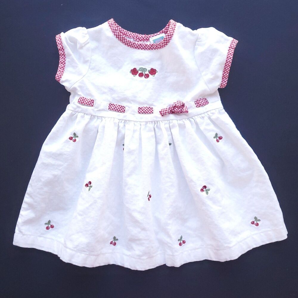 Little Me Linen Cotton Dress Sz 12m White Red Embroidered Cherries Gingham Trim